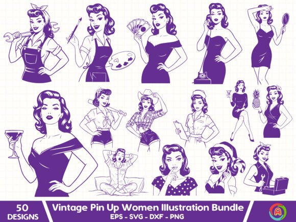 50 Retro Designs: Vintage Pin Up Women Illustration Bundle