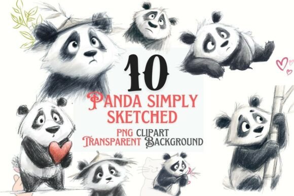 Adorable Hand-Drawn Charm: The 10 Cute Panda Sketch PNG Clipart Set