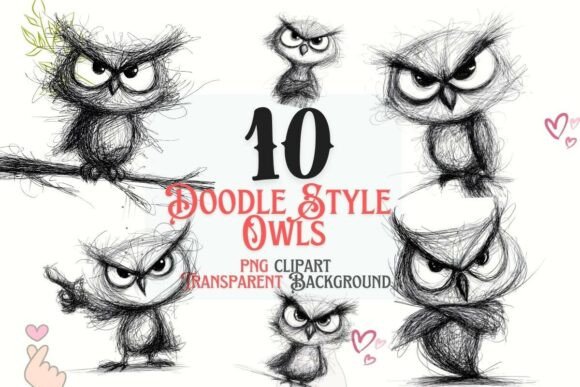 Doodle Owl Clipart Set PNG Sketch Art