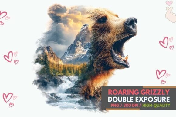 Roaring Grizzly Sublimation: Powerful Grizzly Bear Portrait for Creative Projects