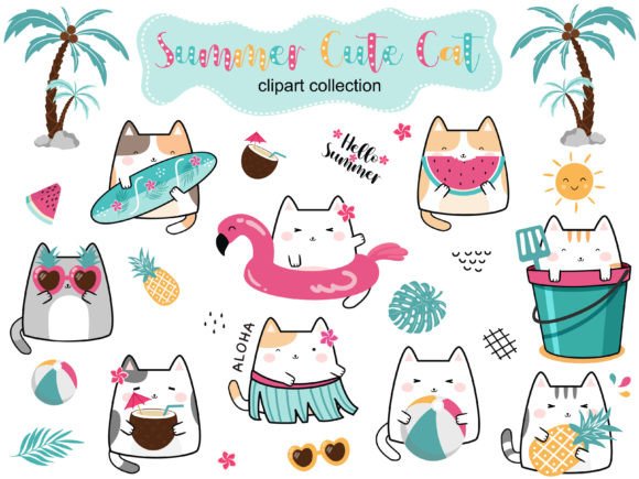 Summer Cute Cats Clipart Set: Your Go-To for Sunny Designs