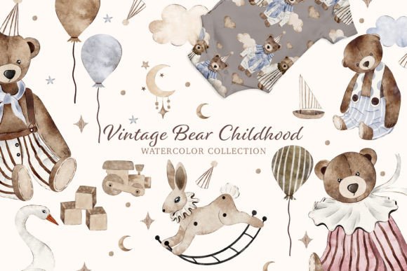 Vintage Bear Childhood Watercolor Baby: A Nostalgic Design Toolkit