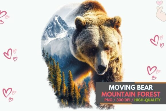 Walking Bear Double Exposure Wildlife: A Grizzly Portrait for Designers