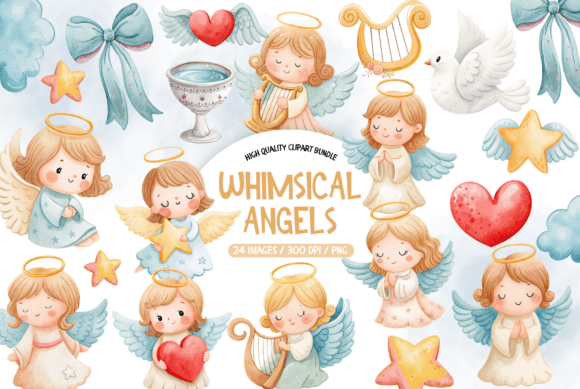 Watercolor Whimsical Angels Clipart: Soft, Spiritual Designs